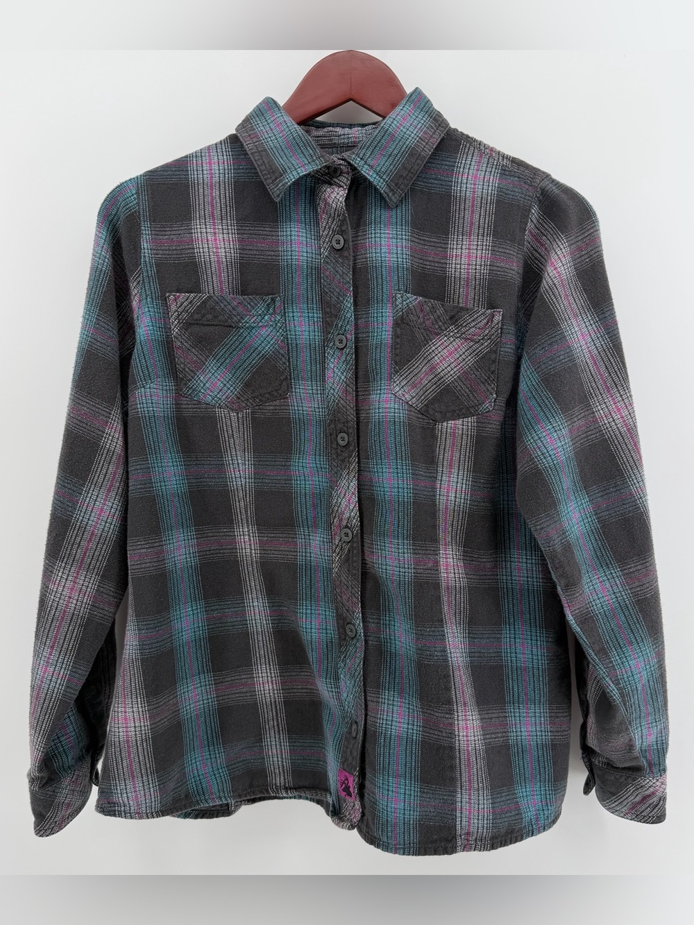 Legendary Whitetails Women Flannel Shirt Med Plaid Black Teal Pink Long Sleeve